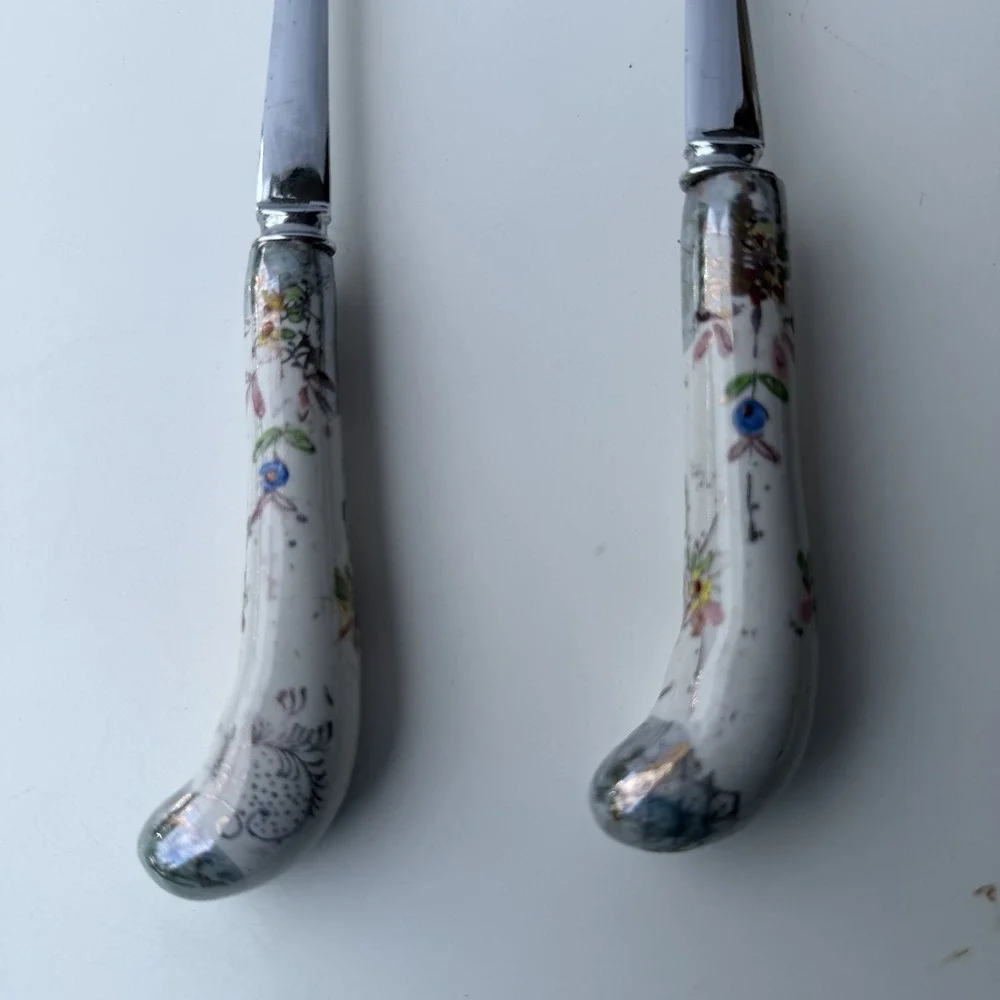 Vintage Sheffield England Floral Porcelain Handle Salad Servers 2-Piece Set